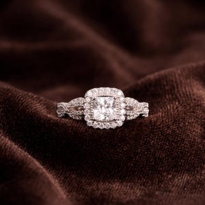 Princess Cut Halo Engagement Ring Set, Twisted Band, Anniversary Gift for Her, Sterling Silver, Vintage Bridal Set,