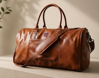 Custom Leather Garment Duffle Bag for Men, Convertible Suit & Shoe Compartment, Personalized Travel Overnight Gift for Groomsmen, Dad
