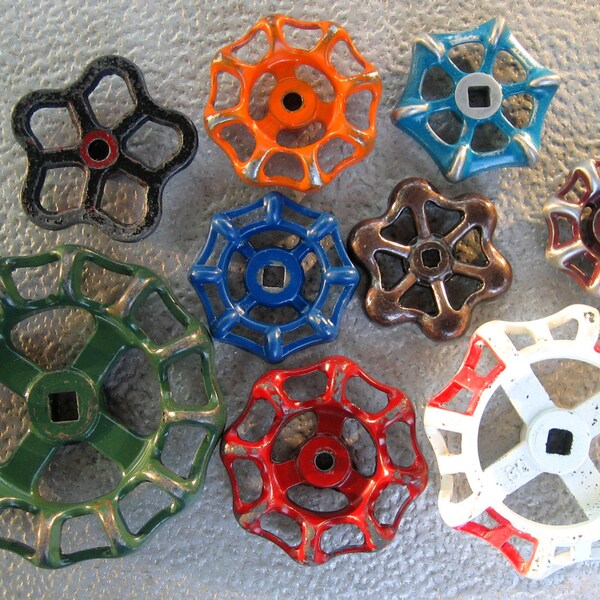 Colorful group of Vintage Valve Handles, Garden decor, Steampunk,  Assemblage, Industrial, Collection of 9 Aluminum