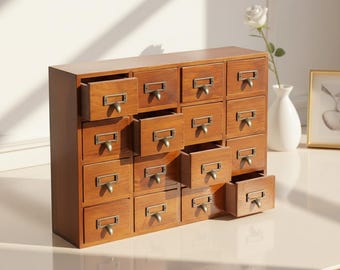 Desk Organizer Wooden 16-Drawer Cabinet – Apothecary Card Catalog, Office & Student Gift
