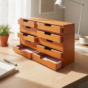 May include: Two wooden desk organizers with multiple drawers. The organizers are made of light brown wood and have a simple, modern design. Several drawers are open, revealing a light pink interior. A pen and notebook are on the desk.