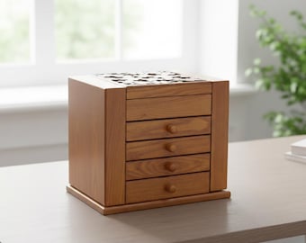 Wooden Jewelry Box with Mirror – 5-Tier Organizer with Drawers, Ring Slots & Necklace Hooks
