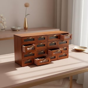 May include: A wooden jewelry organizer with multiple small drawers, some open to reveal contents. The organizer is a warm brown color with brass-colored hardware. The drawers are arranged in a grid pattern.