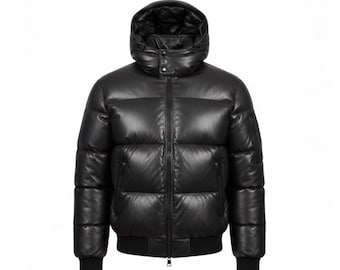 Men’s Hooded Black Leather Puffer Jacket – Real Leather Winter Bomber, Quilted Coat