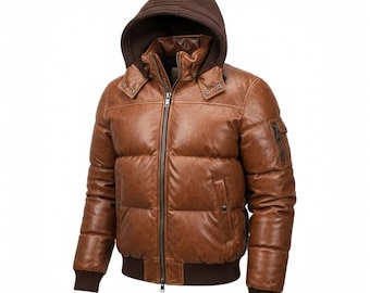 Men’s Brown Leather Puffer Jacket with Hood – Genuine Leather Quilted Winter Bomber, Warm Zip-Up Outerwear