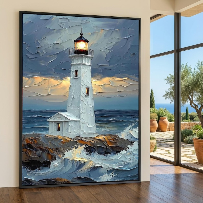 Coastal Lighthouse Canvas Wall Art, Ocean Waves Painting, Nautical Seascape Decor, Impasto Style, Home Wall Decoration image 1