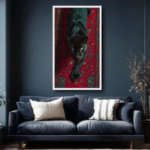 Tela com majestosa pantera negra sobre tapete vermelho ornamentado, arte de parede com animais selvagens, decoração exótica da natureza, tela impressionante com animais selvagens, arte para decoração de casa. imagem 5