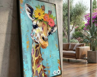 Quadro em tela com estampa de girafa floral, arte de parede lúdica para quarto de bebê.