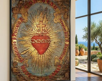 Heilig hart van Jezus canvas muurkunst, religieus christelijk decor, vintage katholiek spiritueel canvas, decoratie gebedsruimte