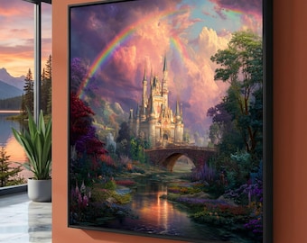 Könnte beinhalten: Gerahmter Leinwanddruck, der ein Märchenschloss unter einem Regenbogen zeigt. Das Schloss befindet sich in einer Landschaft mit Fluss, Brücke und Bäumen. Der Himmel ist voller bunter Wolken.