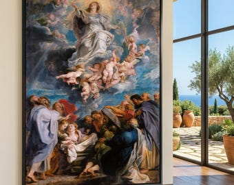 Può includere: Grande opera d'arte incorniciata raffigurante una scena religiosa con figure in abiti classici. Una donna ascende tra nuvole e cherubini, mentre figure sottostanti si radunano attorno a una struttura in pietra. Il dipinto presenta una ricca tavolozza di colori con blu, bianchi e oro.
