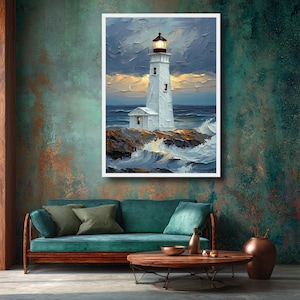 Coastal Lighthouse Canvas Wall Art, Ocean Waves Painting, Nautical Seascape Decor, Impasto Style, Home Wall Decoration image 5