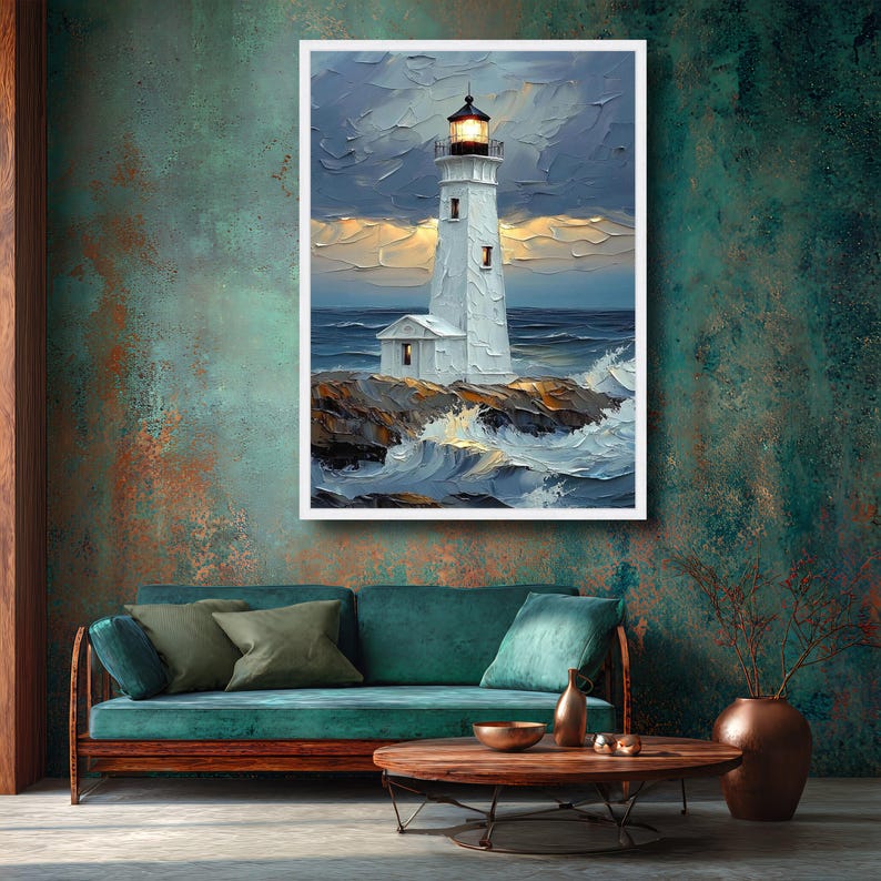 Coastal Lighthouse Canvas Wall Art, Ocean Waves Painting, Nautical Seascape Decor, Impasto Style, Home Wall Decoration image 5