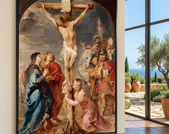 Jesu Kristi korsfästelse, kanvas, religiös väggkonst, kristen bibelberättelse, andlig kanvasdekoration, klassisk målning