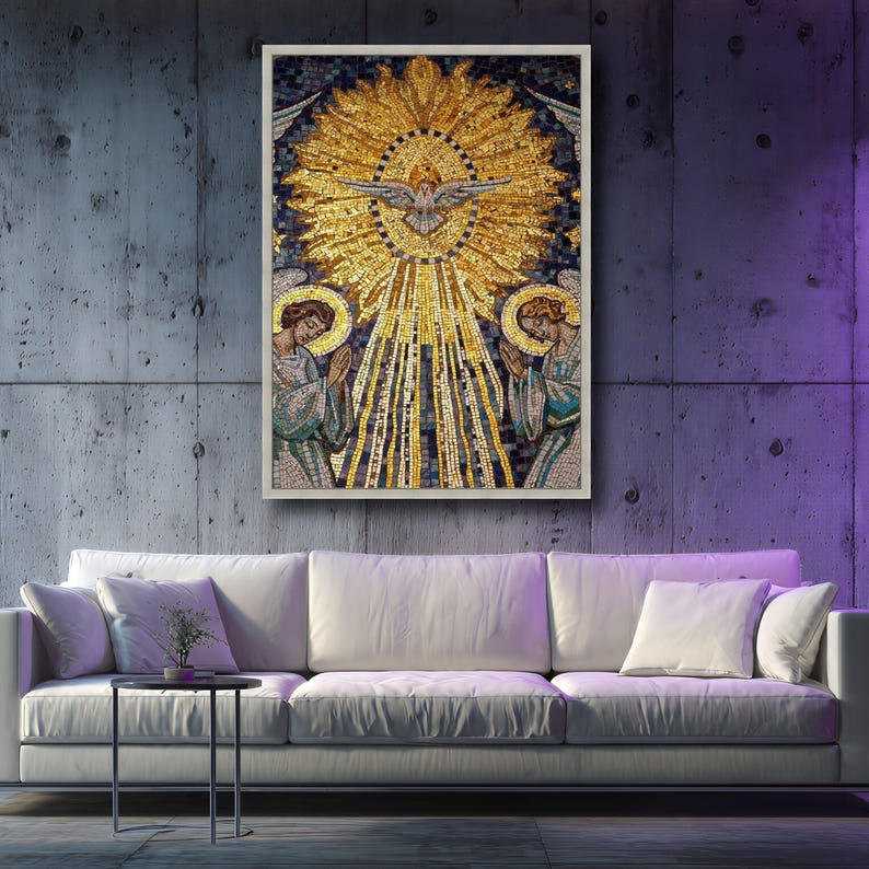 Gouden Heilige Geestduif mozaïek canvas kunst aan de muur, religieus christelijk decor, spirituele gebedsscène, inspirerend canvas, heilige kunstafdruk afbeelding 4