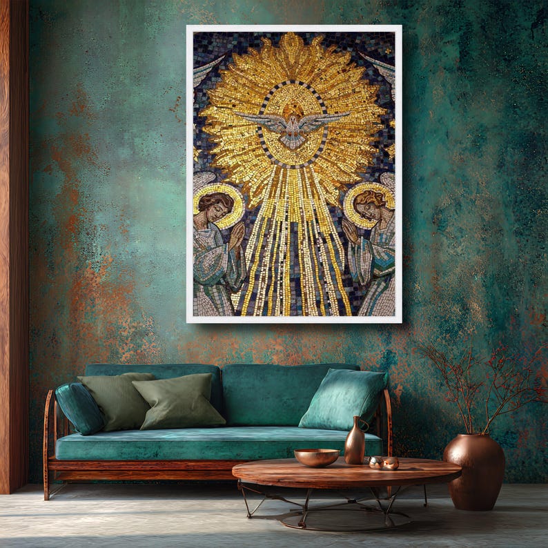 Gouden Heilige Geestduif mozaïek canvas kunst aan de muur, religieus christelijk decor, spirituele gebedsscène, inspirerend canvas, heilige kunstafdruk afbeelding 5
