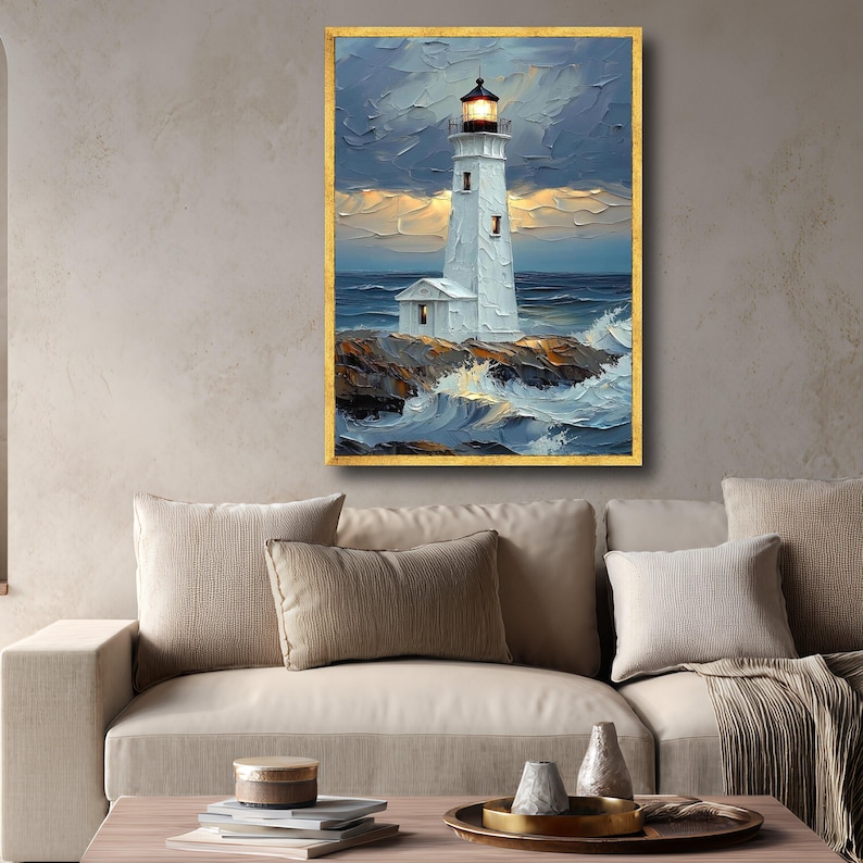 Coastal Lighthouse Canvas Wall Art, Ocean Waves Painting, Nautical Seascape Decor, Impasto Style, Home Wall Decoration image 2