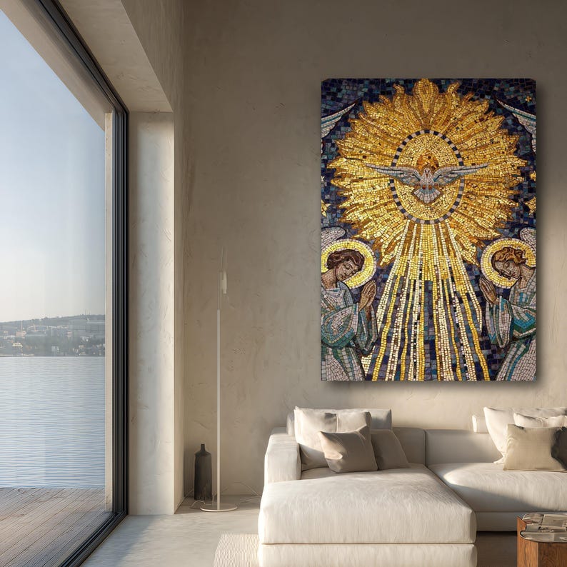 Gouden Heilige Geestduif mozaïek canvas kunst aan de muur, religieus christelijk decor, spirituele gebedsscène, inspirerend canvas, heilige kunstafdruk afbeelding 6