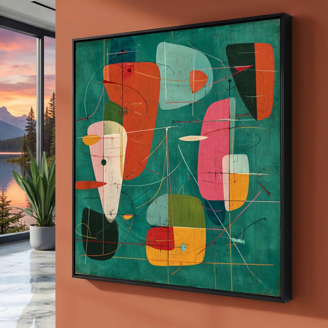 Mid Century Modern Abstract Canvas Art, Colorful Geometric Shapes ...