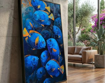 Tela vibrante com peixes tropicais azuis, arte de parede com vida marinha, tela subaquática, pintura de aquário da natureza, decoração costeira para casa.