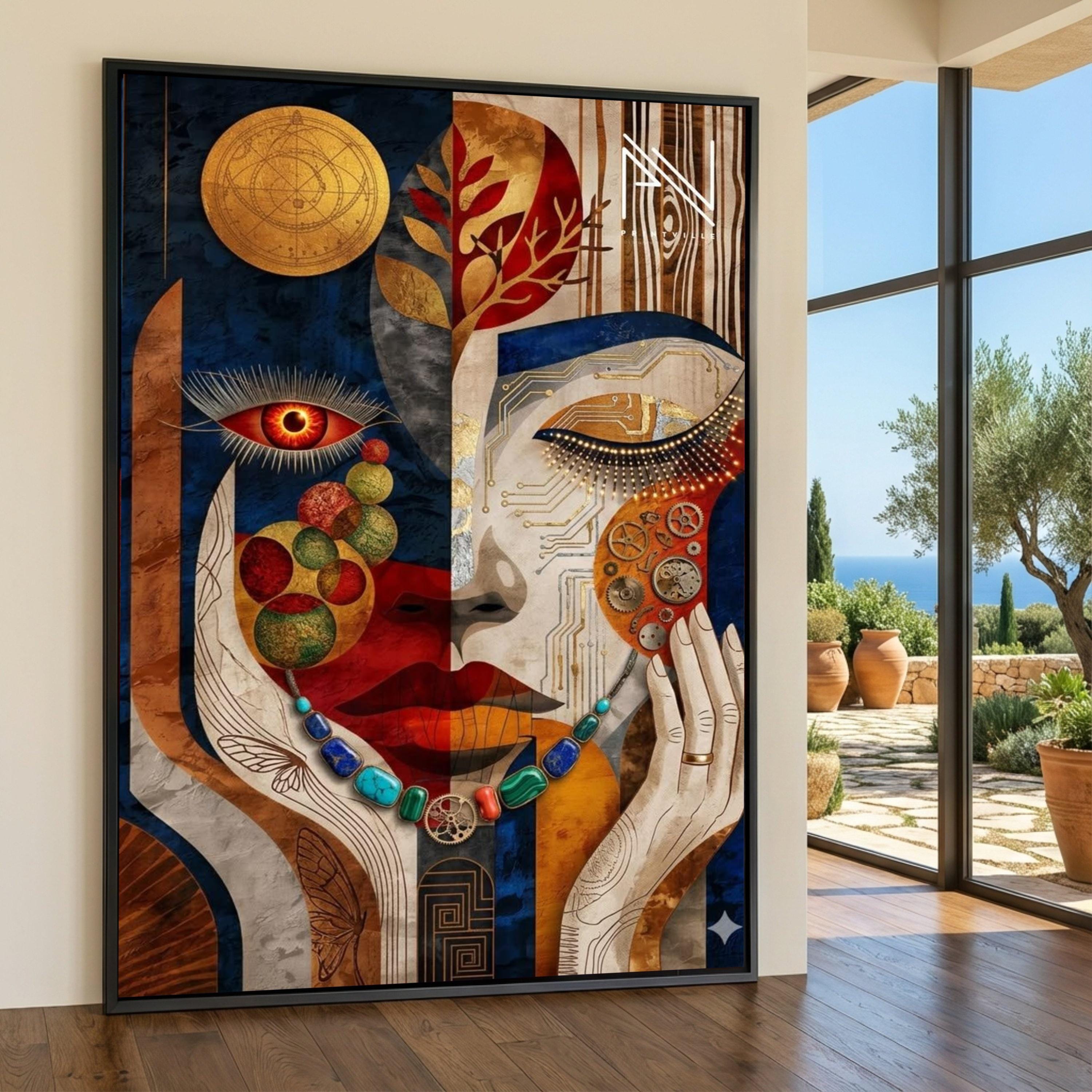 Abstract Woman Face Canvas Art, Mixed Media Portrait, Geometric Colorful Artwork