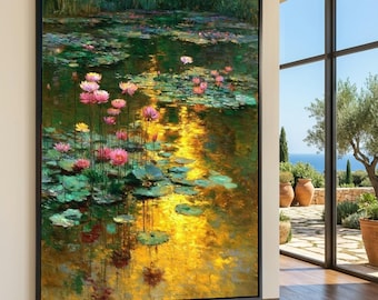 May include: A framed painting of a pond scene with pink and yellow water lilies. The water reflects golden sunlight, and lily pads float on the surface. The artwork is framed in a black border.