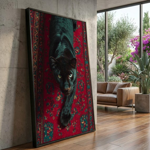 Majestic Black Panther on Red Ornate Rug Canvas, Wild Animal Wall Art, Exotic Nature Decor, Striking Wildlife Canvas, Home Decoration Art