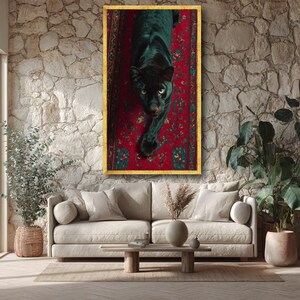 Tela com majestosa pantera negra sobre tapete vermelho ornamentado, arte de parede com animais selvagens, decoração exótica da natureza, tela impressionante com animais selvagens, arte para decoração de casa. imagem 2