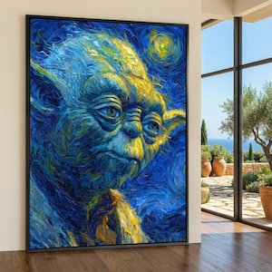 Op de afbeelding: Een ingelijste canvas print met een gestileerd portret van Yoda in de stijl van Van Goghs "Starry Night". Het kunstwerk gebruikt blauwe en gele penseelstreken om het gezicht van het personage en de nachthemel weer te geven.