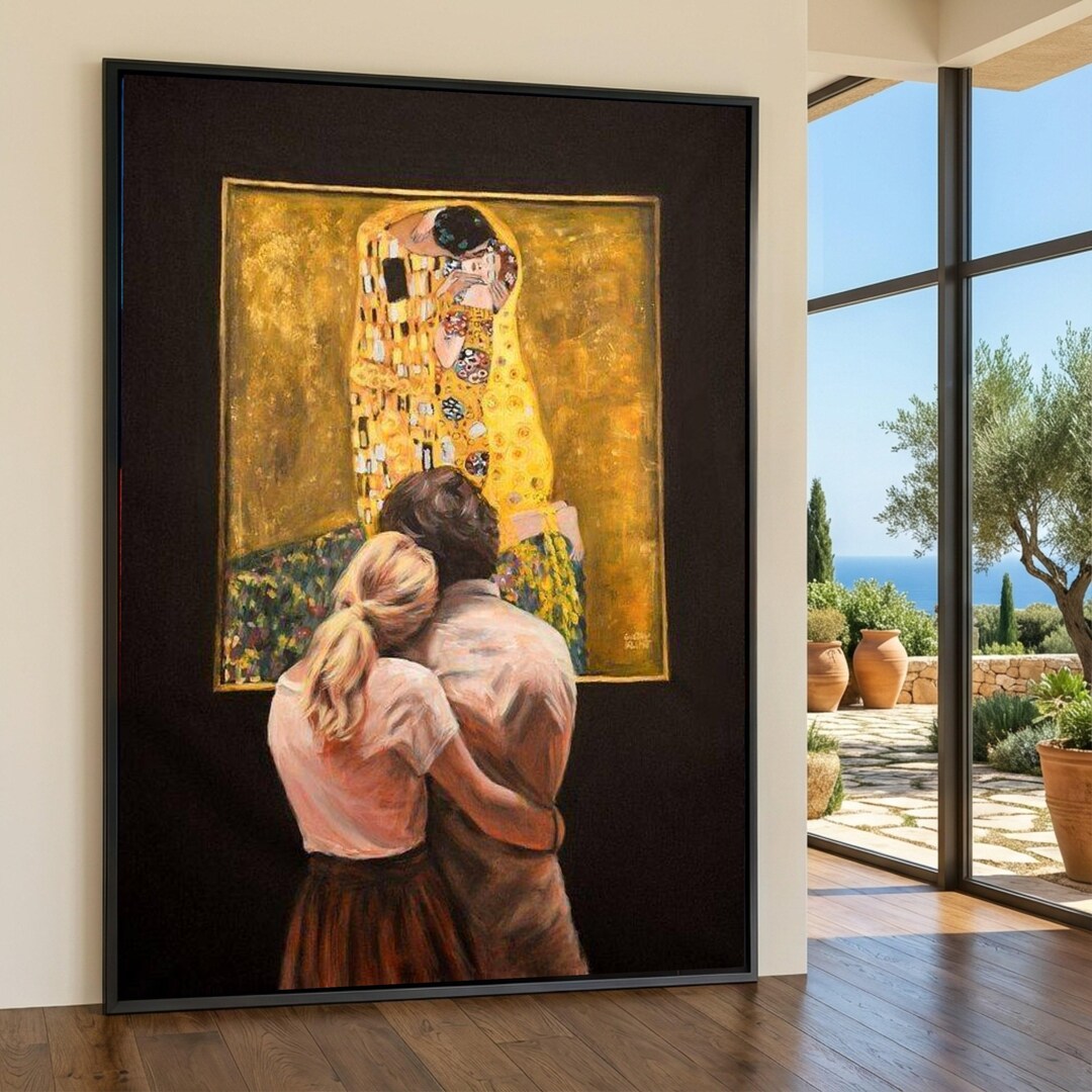 Romantic Couple Viewing Classic Gustav Klimt Canvas Wall Art, the Kiss ...