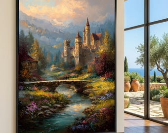 Könnte beinhalten: Gerahmter Leinwanddruck eines Landschaftsgemäldes. Das Kunstwerk zeigt ein mittelalterliches Schloss mit mehreren Türmen, eine Steinbrücke über einem Fluss und farbenfrohes Laub. Der Himmel ist eine Mischung aus Orange, Gelb und Blau.
