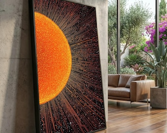 Tela digitale futuristica raffigurante il sole, arte murale astratta con tecnologia, arte moderna spaziale, arredamento per la casa di fantascienza, tela con design di circuiti stampati