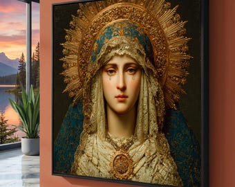 Canvaskunst maagd Maria, tranen van mededogen, gouden halo, religieus icoon