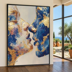 Abstract Couple Face Canvas, Blue and Gold Art, Romantic Portrait Wall Art, Modern Expressionist Canvas, Intimate Home Decoration