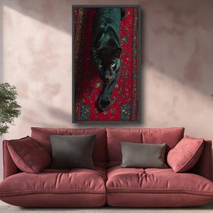 Tela com majestosa pantera negra sobre tapete vermelho ornamentado, arte de parede com animais selvagens, decoração exótica da natureza, tela impressionante com animais selvagens, arte para decoração de casa. imagem 3