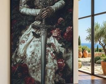 Floral Dress with Sword Canvas Print, Medieval Gothic Wall Art