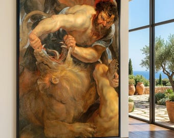 Herkules im Kampf gegen den Nemeischen Löwen Leinwand Wandkunst, klassische Mythologie Malerei, dramatische heldenhafte Szene Leinwand, Wanddekor im Barockstil,