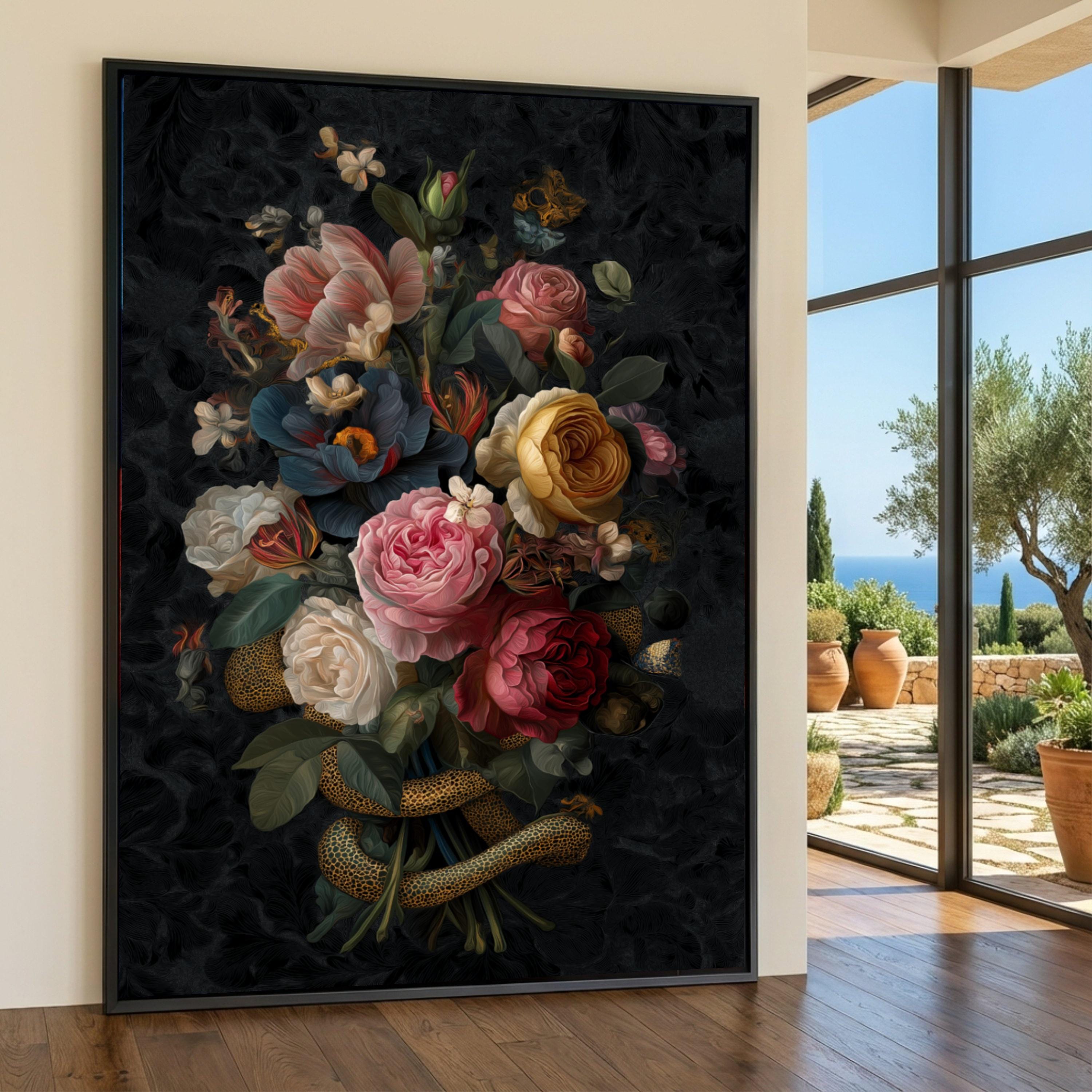 Dark Floral Canvas Art, Vintage Bouquet Still Life, Ready to Hang