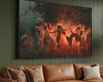 Mystical Fire Dance Canvas, Ethereal Figures Wall Art, Fantasy Scene Painting, Fiery Glow Home Decor, Abstract Expressionist Canvas Art