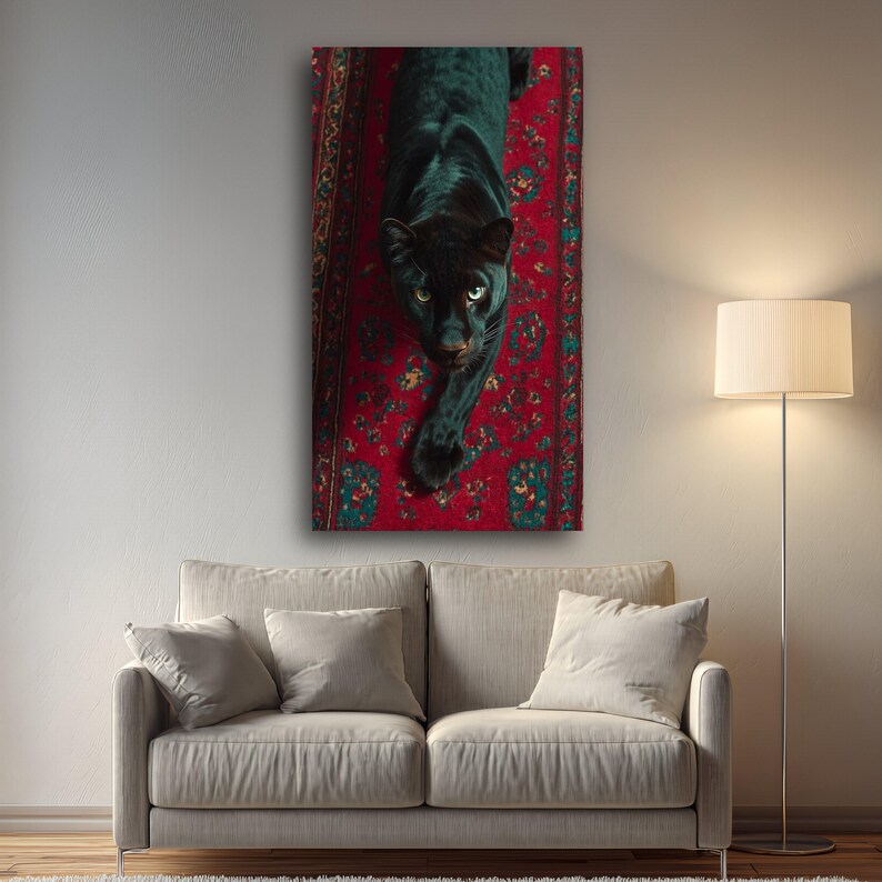 Tela com majestosa pantera negra sobre tapete vermelho ornamentado, arte de parede com animais selvagens, decoração exótica da natureza, tela impressionante com animais selvagens, arte para decoração de casa. imagem 6