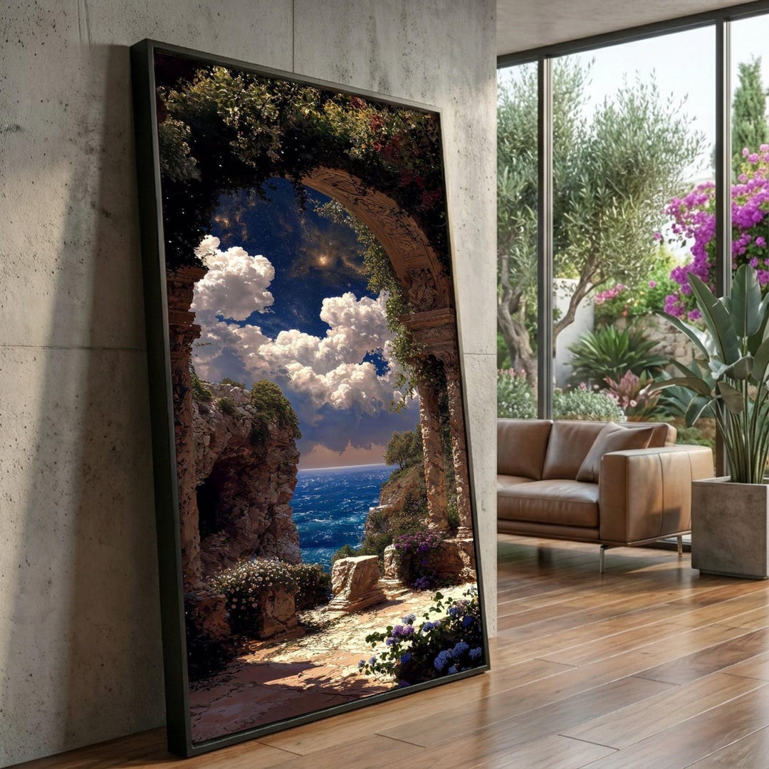 Mediterranean Seaside View Canvas, Ancient Ruins Arch Wall Art, Ocean ...