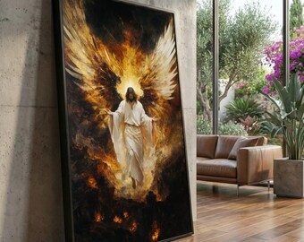 Canvaskunst engelachtige figuur, gloeiende vleugels, religieus interieur