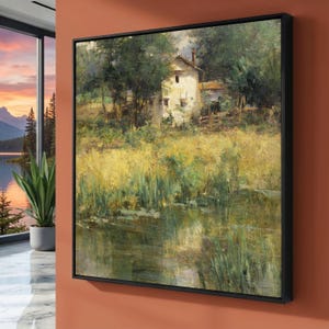 Riverside Meadow Canvas, Tranquil Countryside Cottage Painting, Rustic Nature Landscape Wall Art