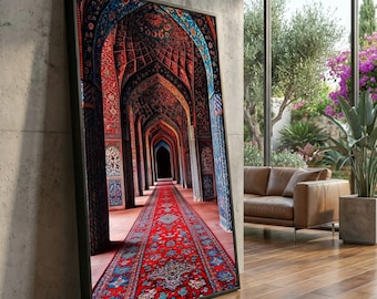 Intricate Islamic Architecture, Persian Carpet Runner Canvas, Ornate Archway Wall Art, Middle Eastern Style Decor, Vibrant Historical
