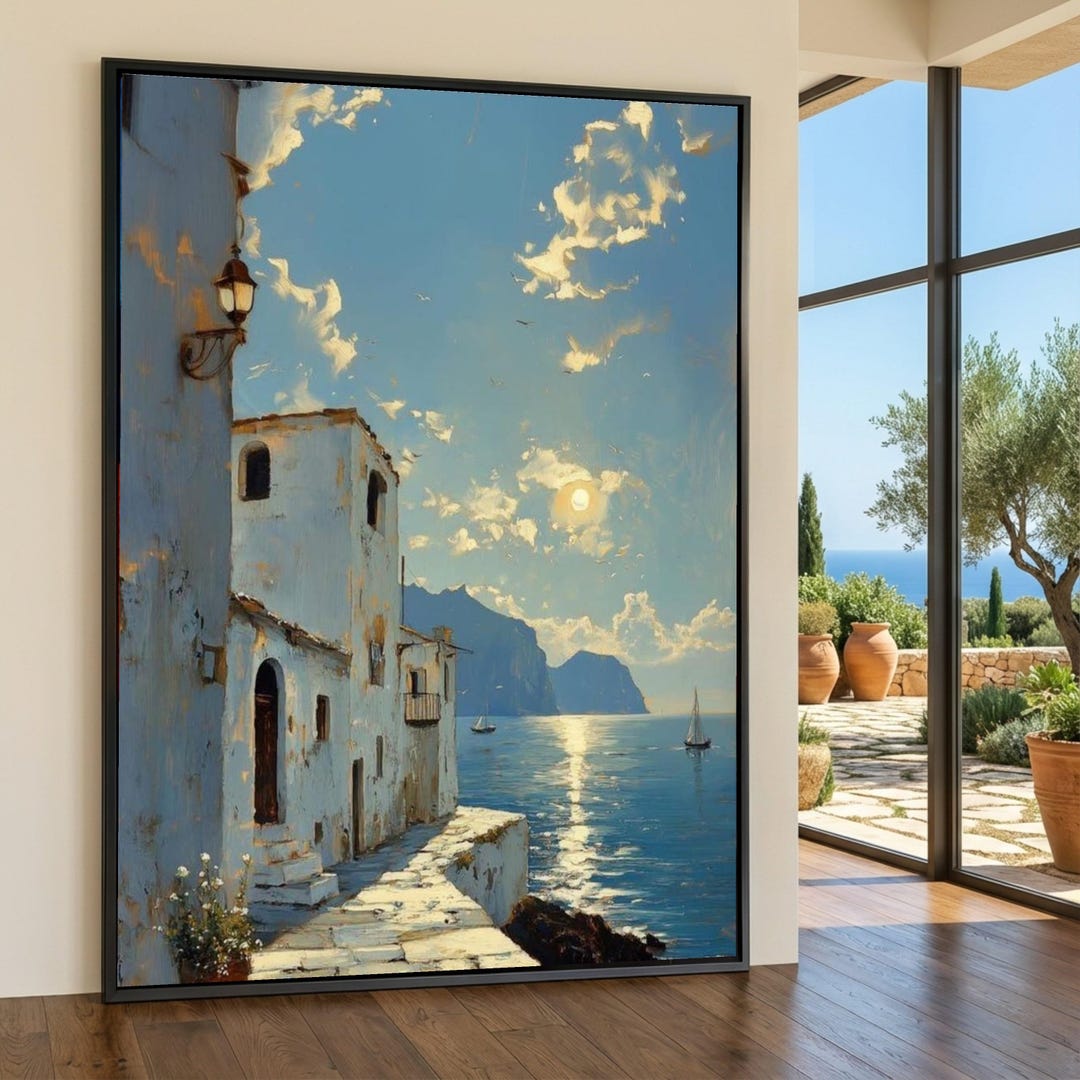 Mediterranean Village Canvas Print, Coastal Sunset Seascape Wall Art - Etsy