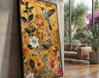 Tela vibrante com beija-flores e borboletas, arte de parede floral tropical, cena natural colorida, tela para decoração de casa, ilustração botânica de pássaros.