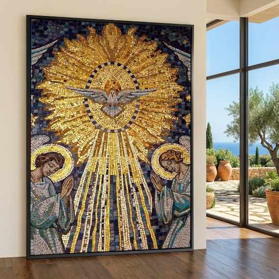 Golden Holy Spirit Dove Mosaic Canvas Wall Art, Religious Christian Decor, Spiritual Prayer Scene, Inspirational Canvas, Sacred Art Print