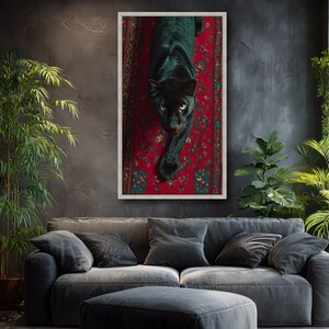 Tela com majestosa pantera negra sobre tapete vermelho ornamentado, arte de parede com animais selvagens, decoração exótica da natureza, tela impressionante com animais selvagens, arte para decoração de casa. imagem 4