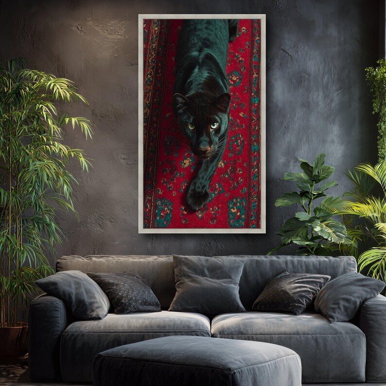 Tela com majestosa pantera negra sobre tapete vermelho ornamentado, arte de parede com animais selvagens, decoração exótica da natureza, tela impressionante com animais selvagens, arte para decoração de casa. imagem 4