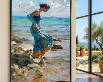 Seaside Stroll Canvas Art, Woman by Ocean Waves, Coastal Landscape Wall Decor